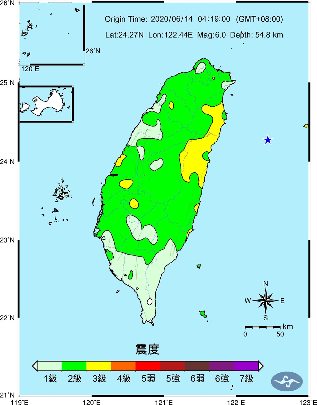 14日清晨宜蘭外海發生規模6.0地震,全台有感。圖為震度圖,星號為震央。(圖取自中央氣象局網頁cwb.gov.tw)