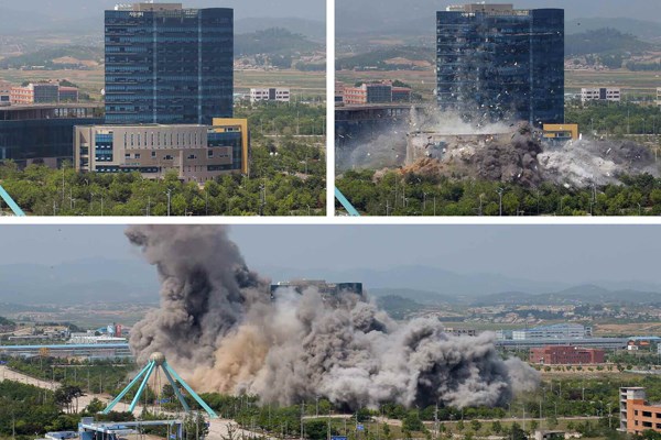 北韓領導人金正恩的胞妹金與正日前才警告,兩韓聯絡辦公室很快就會「灰飛煙滅」,平壤16日就炸毀辦公室。(圖取自勞動新聞網頁www.rodong.rep.kp)