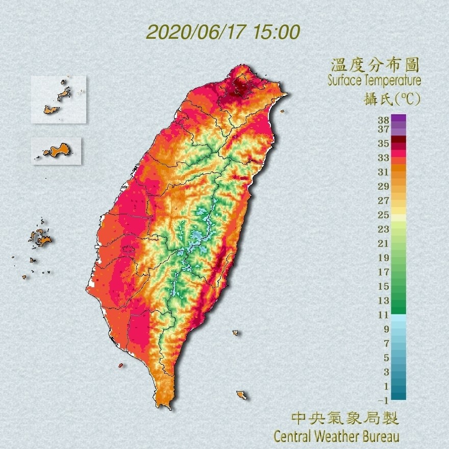 氣象局持續發出高溫資訊,受到太平洋高壓影響,各地天氣高溫炎熱,17日花蓮縣縱谷為紅色燈號。(圖取自中央氣象局網頁cwb.gov.tw)