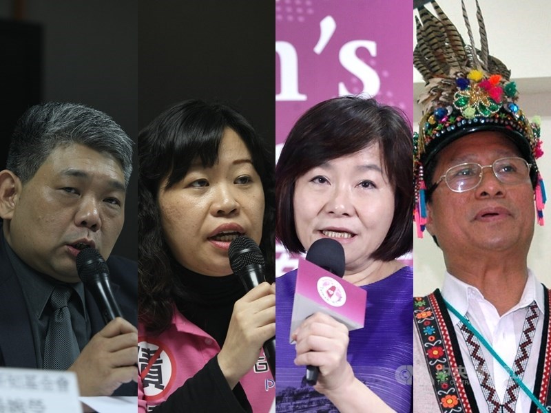 總統蔡英文將提名7位兼任國家人權委員會委員的監委,包括前立委王榮璋(左1)、台少盟秘書長葉大華(左2)、資深婦權工作者紀惠容(右2)、總統府原轉會委員鴻義章(右1)等4位新任監委,以及3位現任監委王幼玲、高涌誠、田秋堇。(中央社檔案照片)