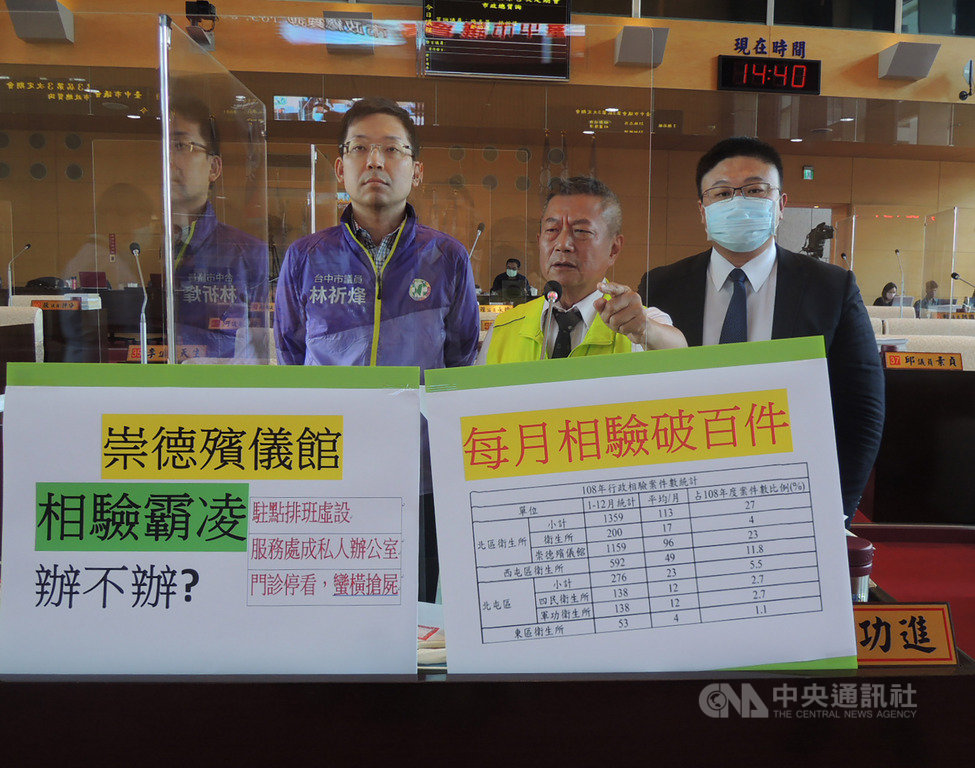 民進黨台中市議員鄭功進(中)等人18日在市政總質詢中質疑北區衛生所「相驗霸凌」,衛生所主任列席備詢否認,並指相驗程序很清楚。中央社記者郝雪卿攝 109年6月18日