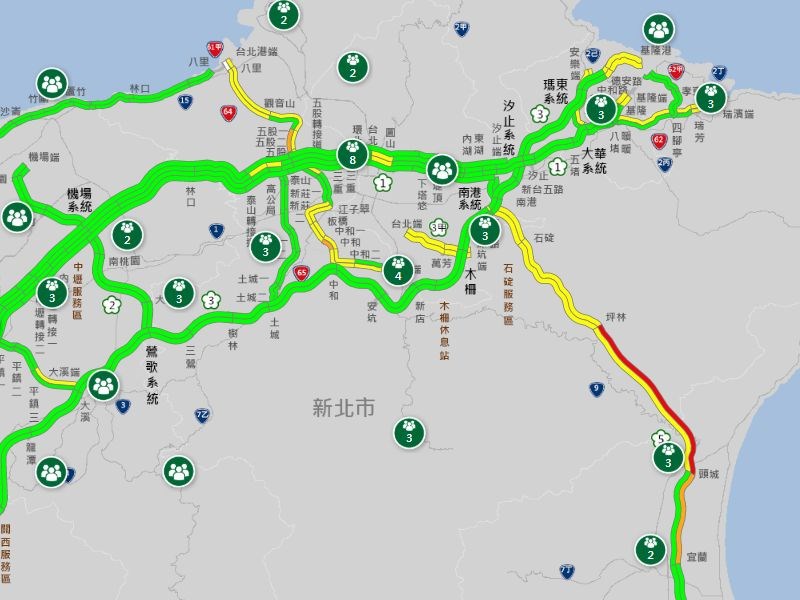 高速公路局原預估國道5號北向28日上午10時塞到晚間8時;不過,根據高公局即時路況資訊,上午8時多國5頭城至坪林已塞車。(圖取自高速公路1968網頁1968.freeway.gov.tw)