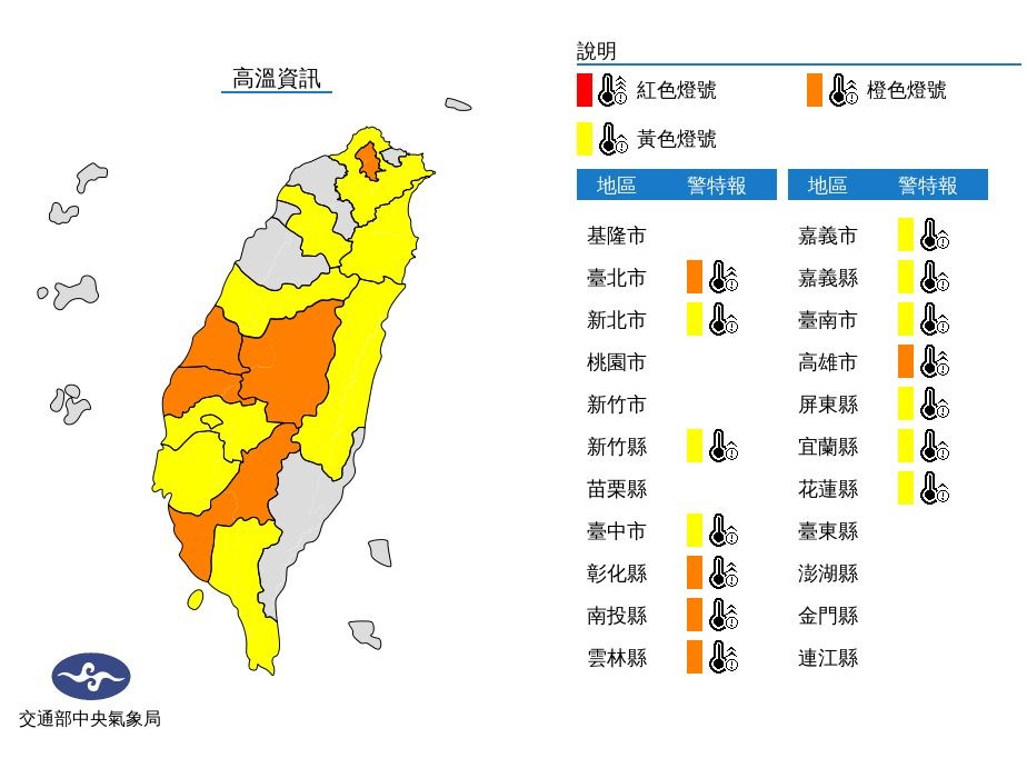 28日全台天氣晴朗炎熱,中央氣象局午後發布雙北等14縣市高溫燈號。(圖取自氣象局網頁cwb.gov.tw)