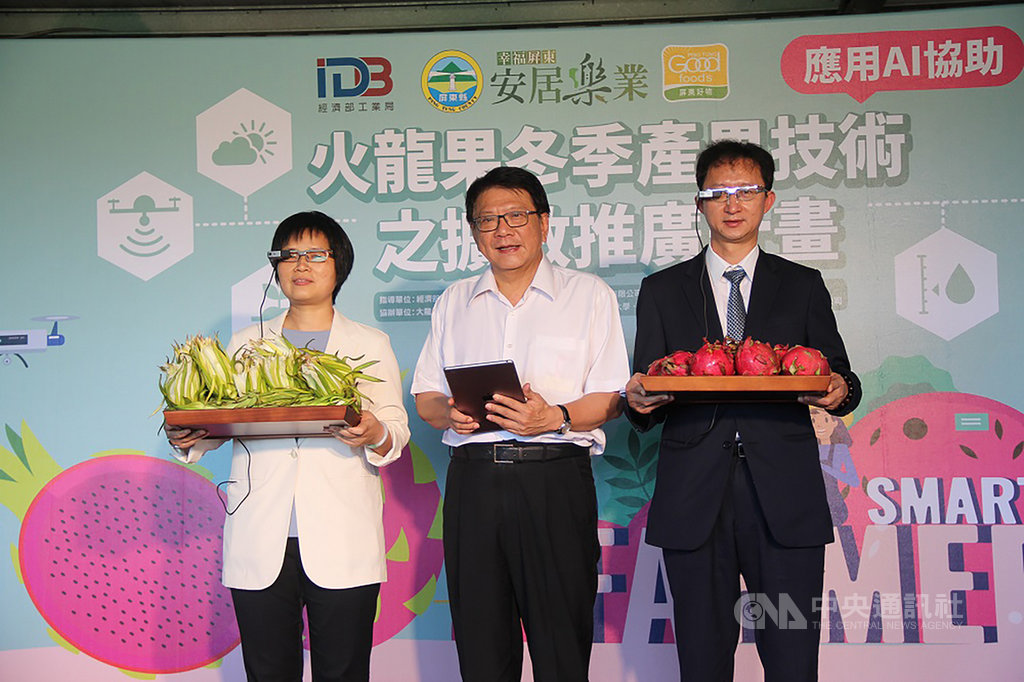 工業局、清華大學等團隊合作,利用AI技術將火龍果產期從夏季調節到冬季,解決火龍果夏季供過於求的問題,29日在屏東里港鄉大龍王農場舉行成果發表會,縣長潘孟安(中)出席。(屏東縣政府提供)中央社記者郭芷瑄傳真 109年6月29日