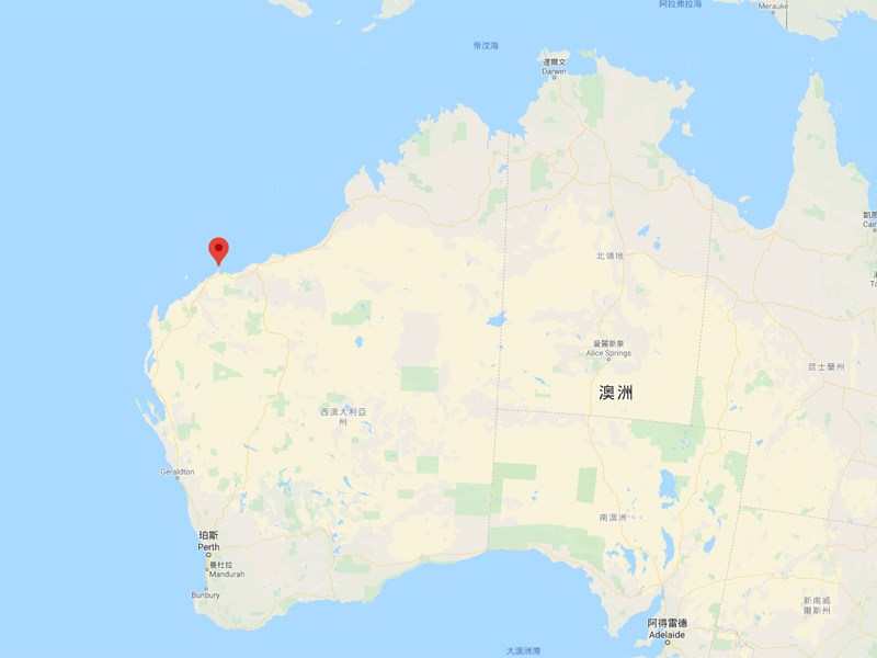 研究人員在偏遠西澳州岸外(紅標處)2公尺深海底發現了數百個澳洲原住民製造的古代石器。(圖取自Google地圖google.com/maps)