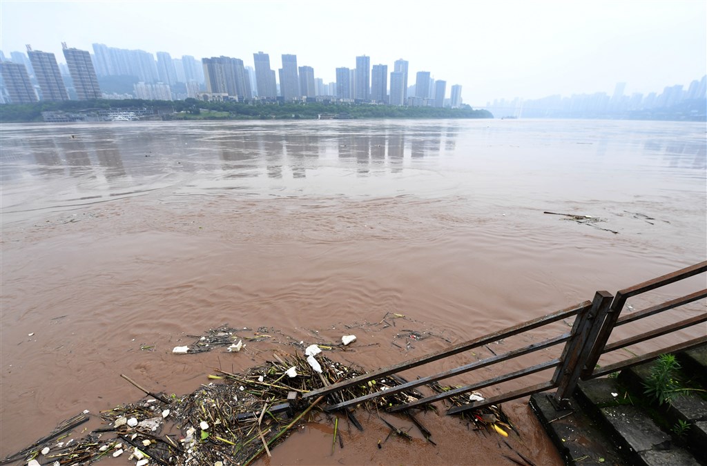 中國重慶長江水位不斷上漲,飄流物被沖至江岸。(中新社提供)