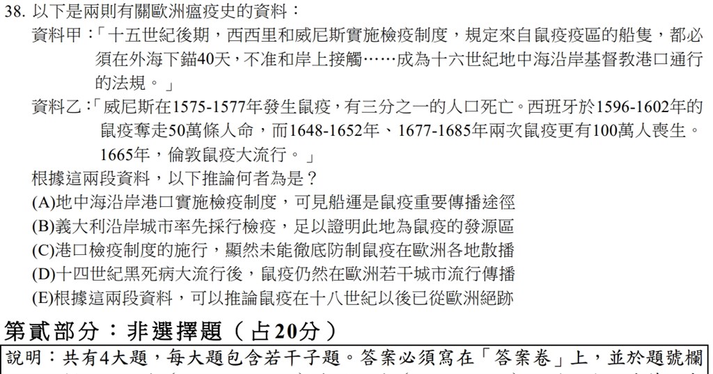 109年指考歷史科題目探討歐洲瘟疫史。(圖取自大考中心網頁ceec.edu.tw)