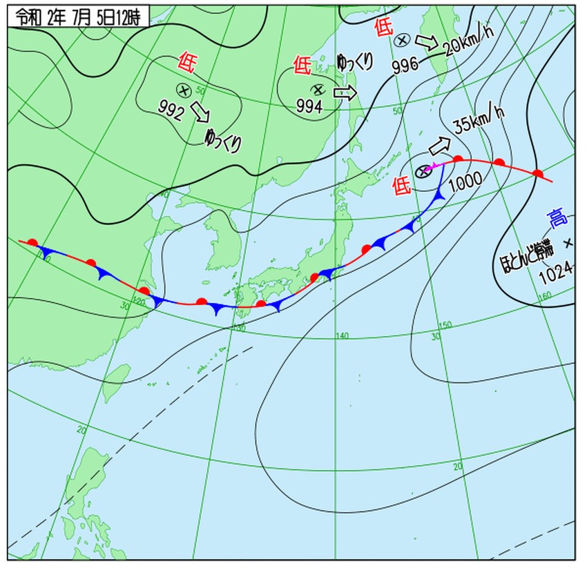 根據日本氣象預報,九州南部附近滯留的梅雨鋒面5日晚間到6日將北移到九州北部附近,並滯留到7日。(圖取自日本氣象廳網頁www.jma.go.jp)