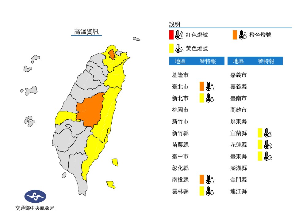 中央氣象局5日午後發布雙北等7縣市高溫燈號,並預估台北市氣溫可能飆至攝氏38度。(圖取自中央氣象局cwb.gov.tw)