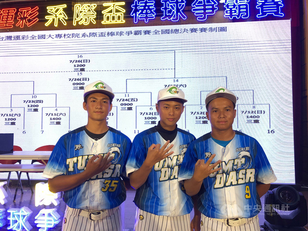 第3屆台灣運彩全國大專校院系際盃棒球爭霸賽11日起將在新北市三重棒球場舉行16強決賽,就讀於台北海洋科技大學海洋運動休閒系的林志軒(右)6日喊話,目標3連霸。中央社記者黃巧雯攝 109年7月6日