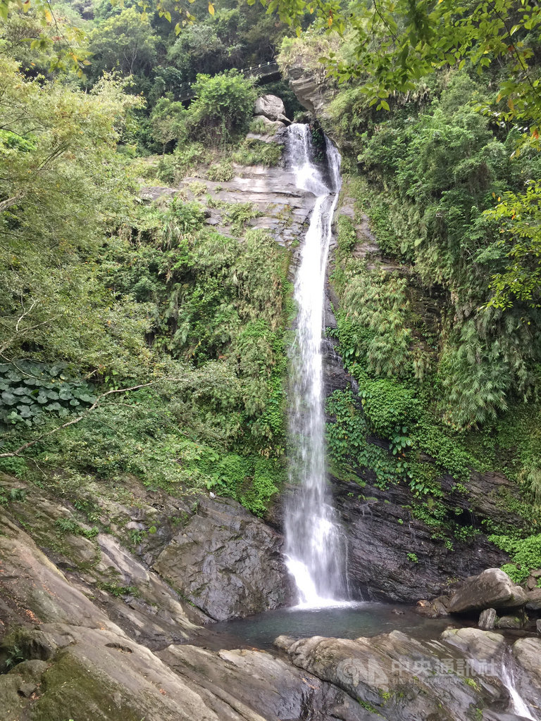 花蓮縣富里鄉羅山瀑布木棧道修復完工重新開放,羅山瀑布為海岸山脈斷層地形所形成的瀑布,高約120公尺,水量豐沛,氣勢驚人。中央社記者李先鳳攝 109年7月6日