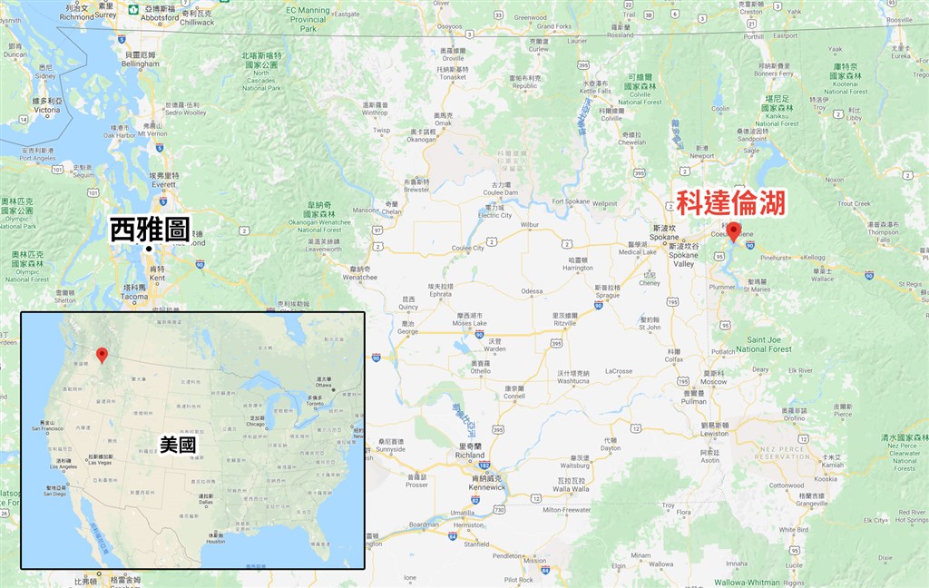 美國西北部的愛達荷州科達倫湖(紅標處)發生2架小飛機空中相撞後墜湖事件,當局6日表示,機上至少8人罹難。(圖取自Google地圖google.com/maps)