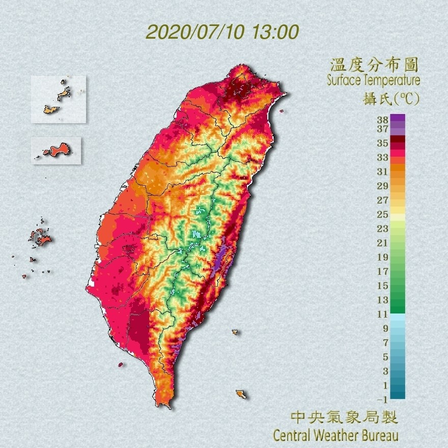 根據中央氣象局觀測,10日台北、花蓮、台東、雲林及南投都出現超過38度以上高溫。(圖取自氣象局網頁cwb.gov.tw)