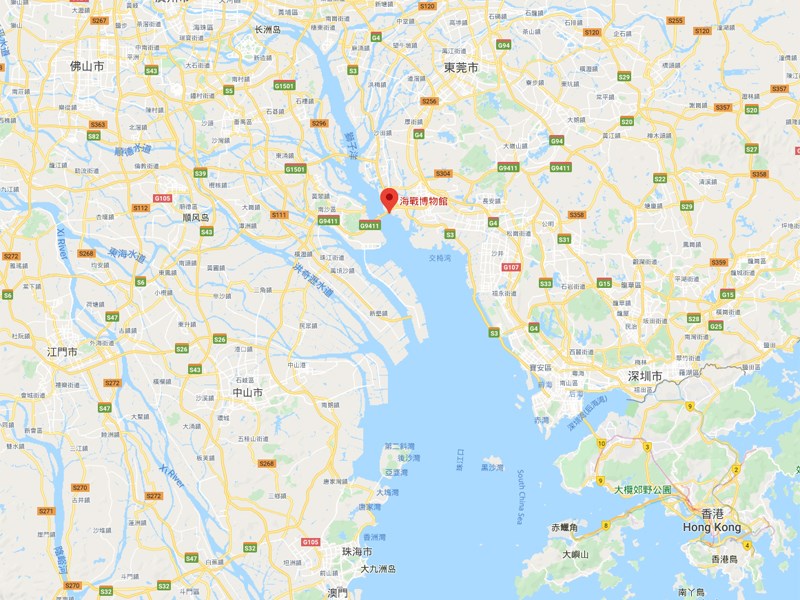 中國廣東虎門鎮海戰博物館(紅標處)附近海灘從10日深夜到11日上午出現大量豬腳和動物內臟。(圖取自Google地圖google.com/maps)