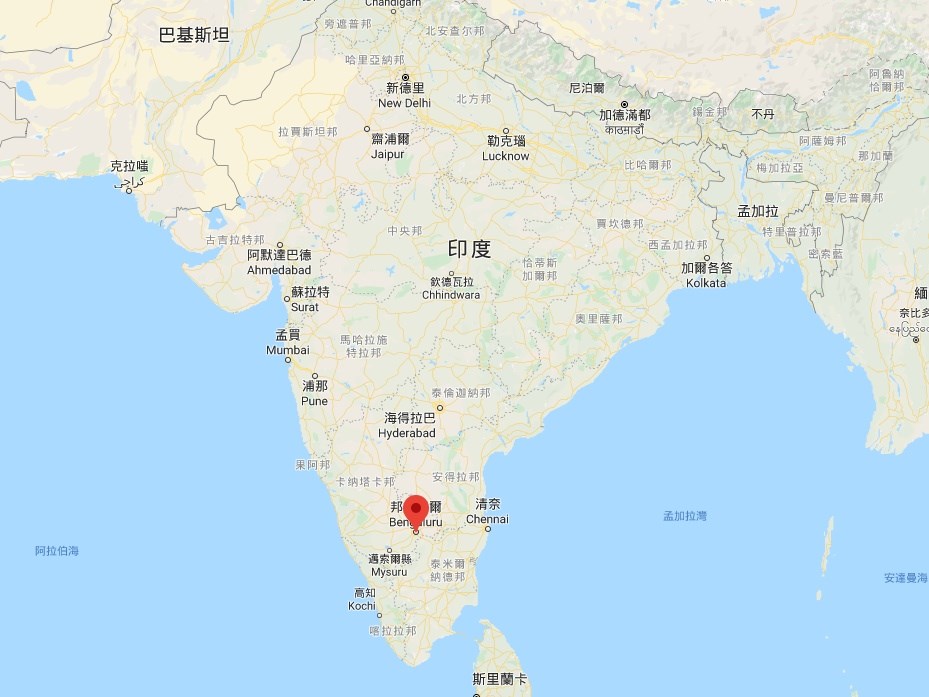 印度當局12日宣布,南部科技重鎮班加羅爾(紅標處)所在省分將實施為期一週封鎖措施。(圖取自Google地圖google.com.tw/maps)