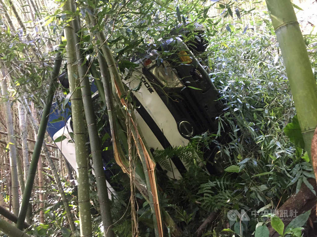 一輛載了10餘名採茶工人的貨車13日上午行經阿里山鄉達邦村日野賀產業道路時,疑似輪胎輾壓到石頭,因而失控撞入一旁邊坡竹林,3人被拋出車外,10餘人受傷送醫。(警方提供)中央社記者蔡智明傳真 109年7月13日