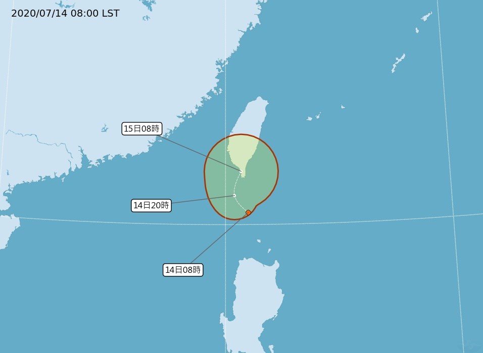 位於鵝鑾鼻南方170公里的熱帶性低氣壓逼近南台灣，氣象局表示，恆春半島、東南部及中南部會陸續開始降雨。圖為14日上午熱帶性低氣壓路徑潛勢預報。（圖取自氣象局網頁cwb.gov.tw）