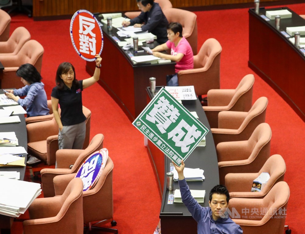 立法院會21日繼續處理國民參與刑事審判法草案等,修正條文表決過程,民進黨立委何志偉(前)與國民黨立委林奕華(後)分別舉贊成、反對看板,兩黨意見分歧。中央社記者王騰毅攝 109年7月21日