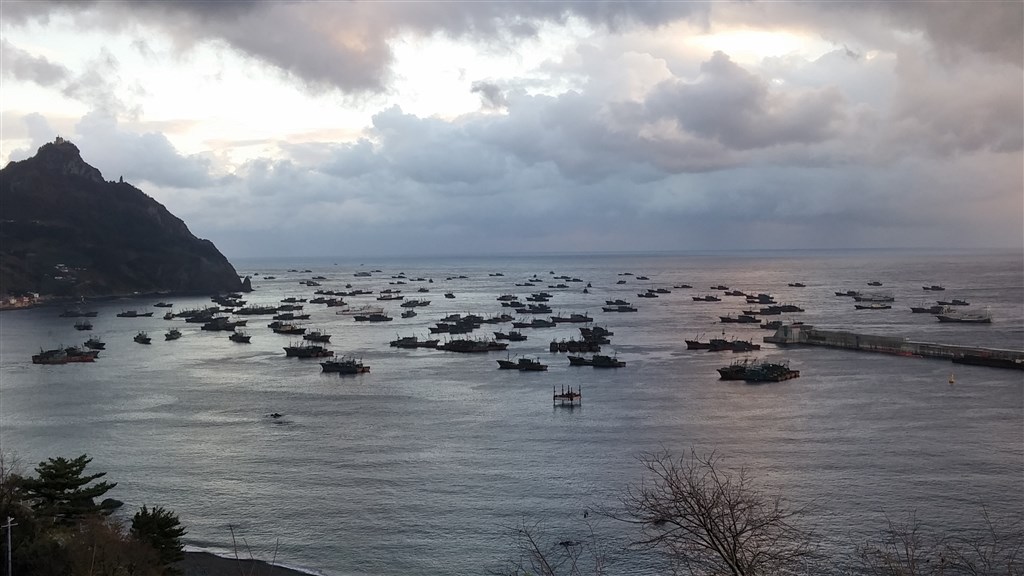 眾多中國雙拖網漁船在位於南韓水域的鬱陵島靠港。(非法海洋計畫提供)
