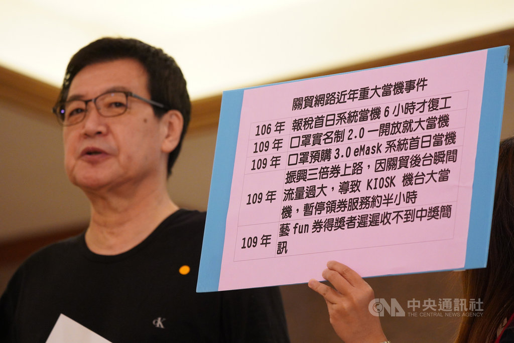 國民黨立委費鴻泰24日在立法院舉行記者會,以看板羅列關貿網路公司近年發生的重大當機事件,包括口罩實名制2.0,一開放就大當機;振興三倍券上路,因關貿後台瞬間流量過大,導致KIOSK機台大當機,暫停領券服務約半小時;藝FUN券得獎者遲遲收不到中獎簡訊等。中央社記者徐肇昌攝 109年7月24日