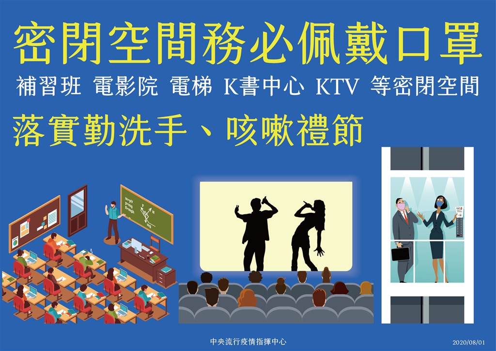 指揮中心指揮官陳時中1日說,在密閉空間務必要戴口罩,像是電影院、補習班、電梯、K書中心、KTV等,必須戴口罩。(中央流行疫情指揮中心提供)