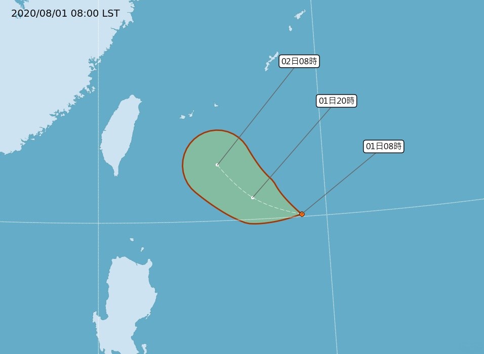 位在台灣東南方海面的熱帶性低氣壓朝西北移動,氣象局表示,不排除會發展為颱風。(圖取自氣象局網頁cwb.gov.tw)
