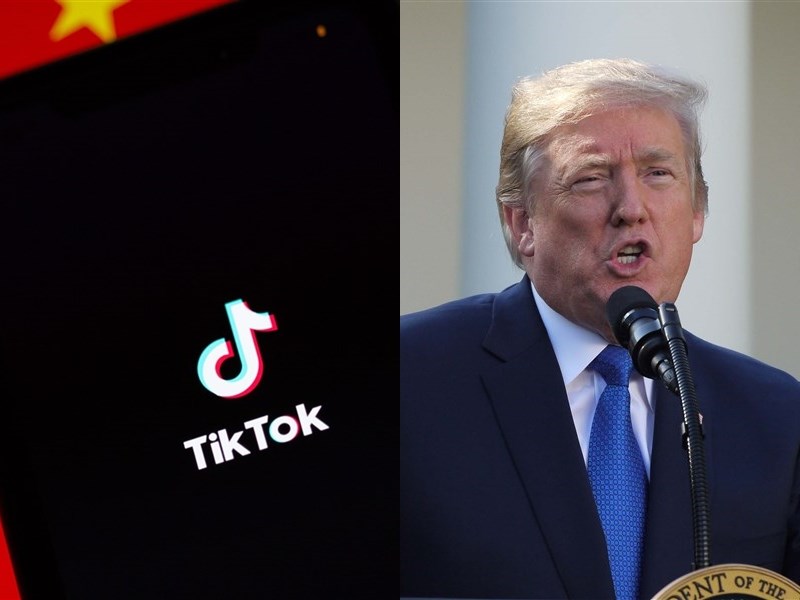 美國總統川普(右)6日簽署行政命令,45天後禁止美國任何人或企業與TikTok及其母公司字節跳動交易。字節跳動7日強調如果美國政府不能給予公正對待,它們將訴諸美國法院。(左圖取自Unsplash圖庫,右圖為中央社檔案照片)