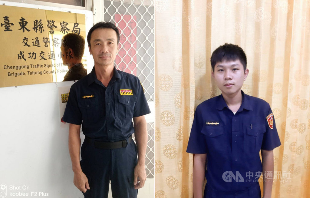 台東縣警察局成功分局有2對父子檔警察,2個兒子在8日父親節說,希望不辜負父親期盼,交接傳承維護治安的重責大任。圖為成功警分局交通隊警員盧國雄(左)與新豐派出所警員盧仕桓(右)父子。(成功警分局提供)中央社記者盧太城台東傳真 109年8月8日