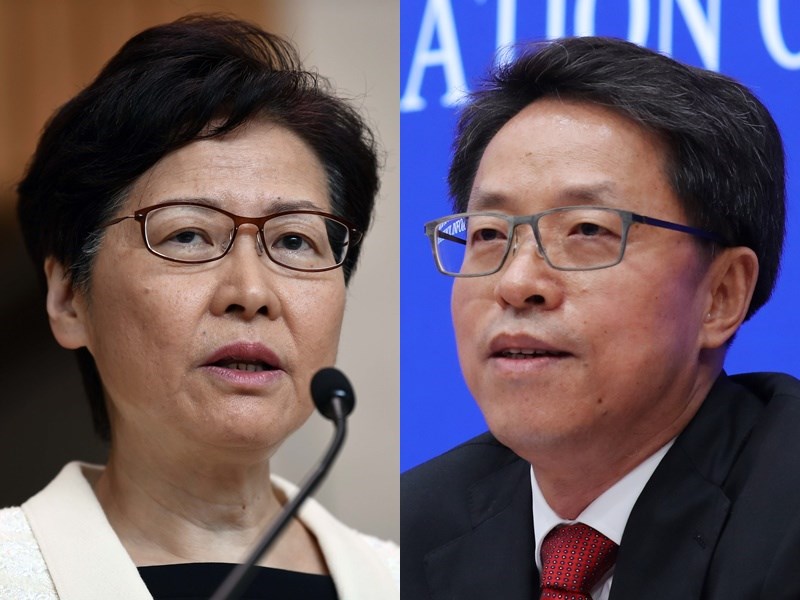 美國財政部7日以破壞香港自治,並限制香港公民言論與集會自由為由,對包括香港特首林鄭月娥(左)、中國國務院港澳事務辦公室副主任張曉明(右)等11名中港官員祭出制裁。(中新社)