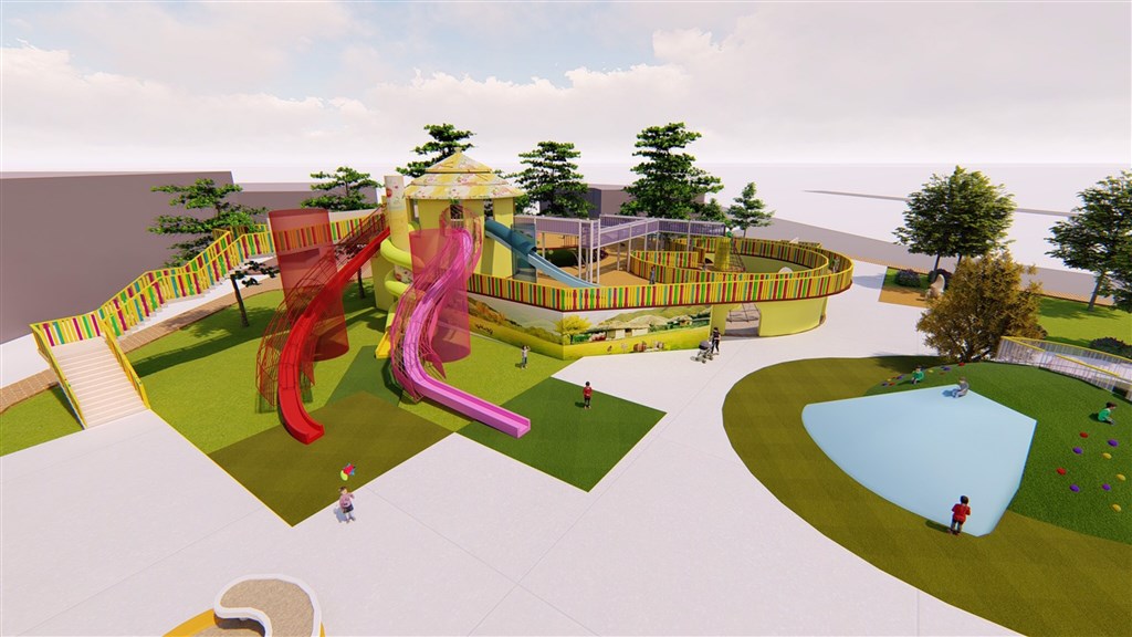 苑裡親子公園總經費約新台幣3000萬元,公園規劃以苑裡穀倉為發想,突顯在地農業特色,遊戲設施包含農舍煙囪滑梯、天空隧道、樹屋遊戲場、樹屋廊道、斗笠攀爬網、田鼠大冒險等,打造共融式地景遊戲設施,預計110年初完工。圖為工程示意圖。(苗栗縣政府提供)中央社記者管瑞平傳真 109年8月10日