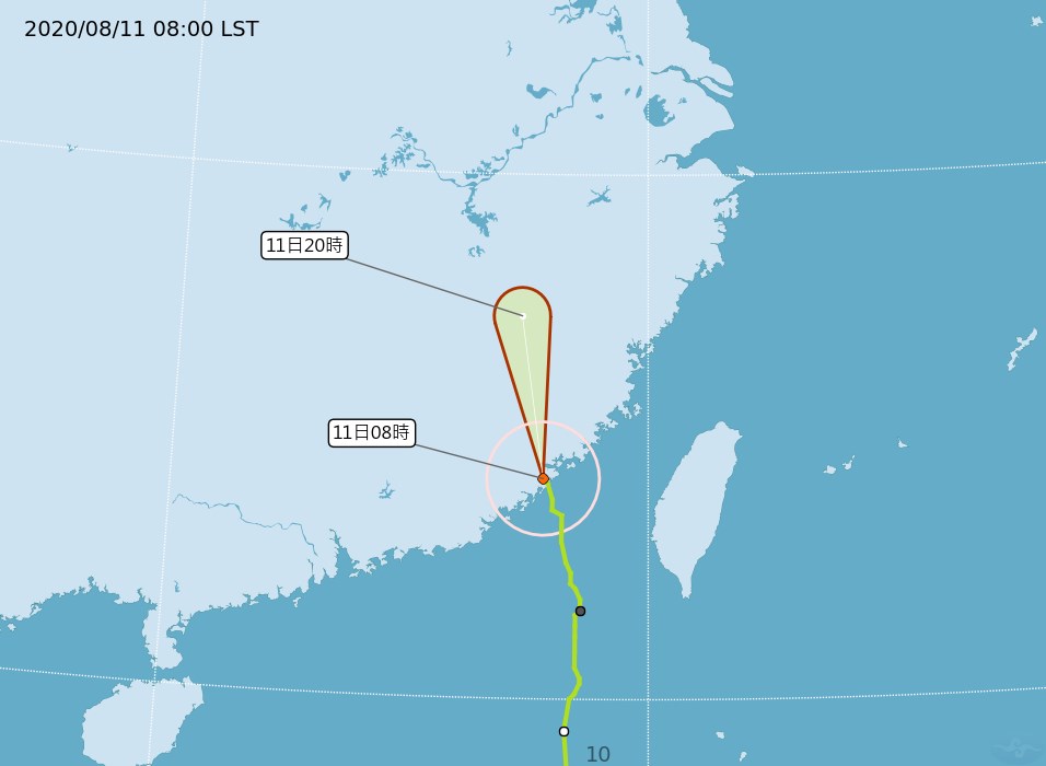 颱風米克拉11日上午登陸中國福建,強度逐漸減弱。中央災害應變中心統計颱風米克拉災情共計有路樹、圍牆倒塌11案,釀1傷。(圖取自氣象局網頁cwb.gov.tw)