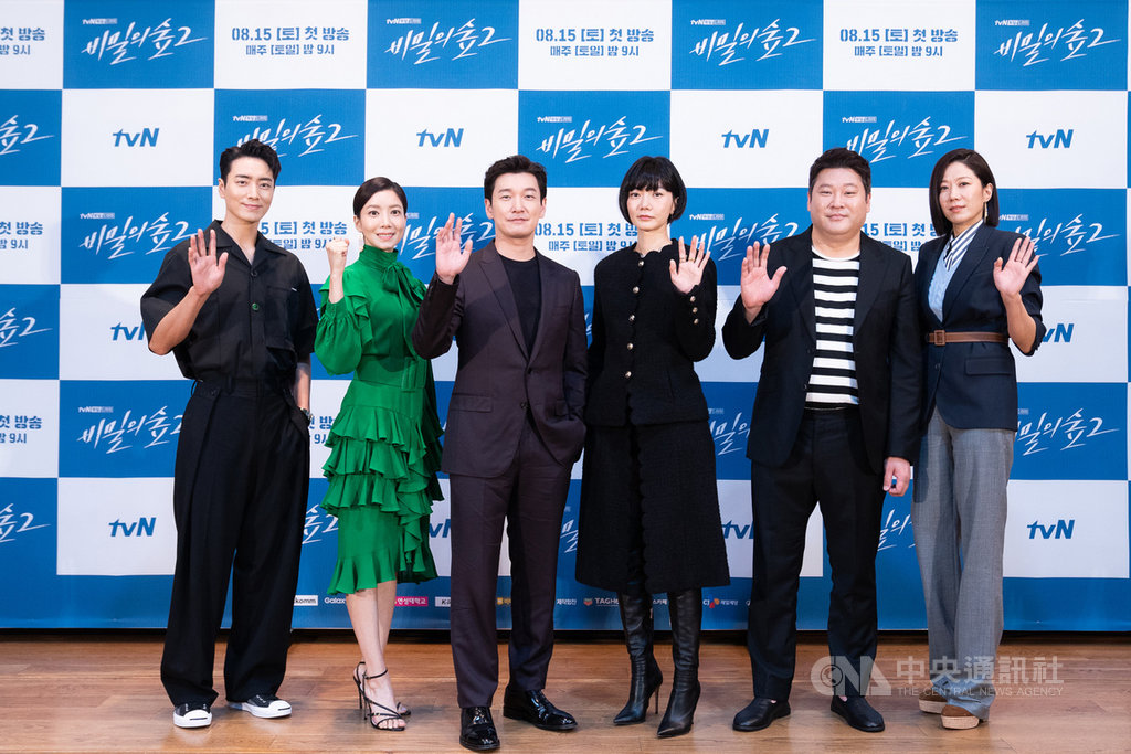 韓劇「秘密森林2」11日舉行線上記者會,演員李浚赫(左起)、尹世雅、曹承佑、裴斗娜、崔武成與田慧振出席。(Netflix提供)中央社記者葉冠吟傳真 109年8月12日