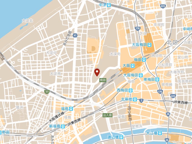 梅田墓(紅標處)位於日本大阪市JR大阪站北側再開發區的墓地遺跡內。(圖取自Google地圖google.com/maps)