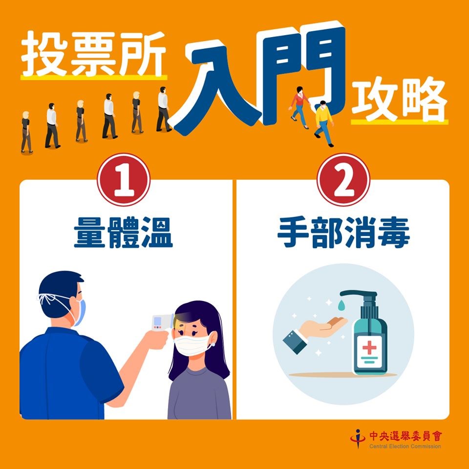 高雄市長補選15日舉行,因應疫情,中選會公布進入投票所須戴口罩、量體溫及手部消毒等防疫措施。(圖取自facebook.com/cec.gov.tw)