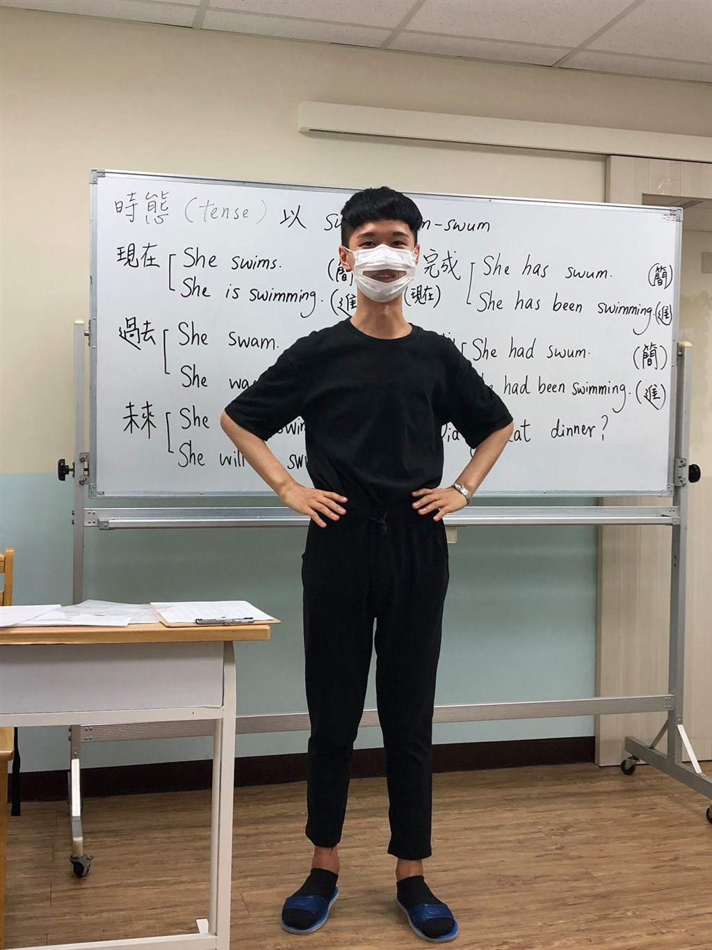 戴口罩讓聽損朋友無法辨識嘴型溝通,台北市蒲公英聽語協會理事長謝莉芳前往食藥署向口罩廠商提出透明口罩的訴求。圖為蒲公英聽語協會老師嘗試使用透明口罩講課。(圖取自facebook.com/lovehearingtw)