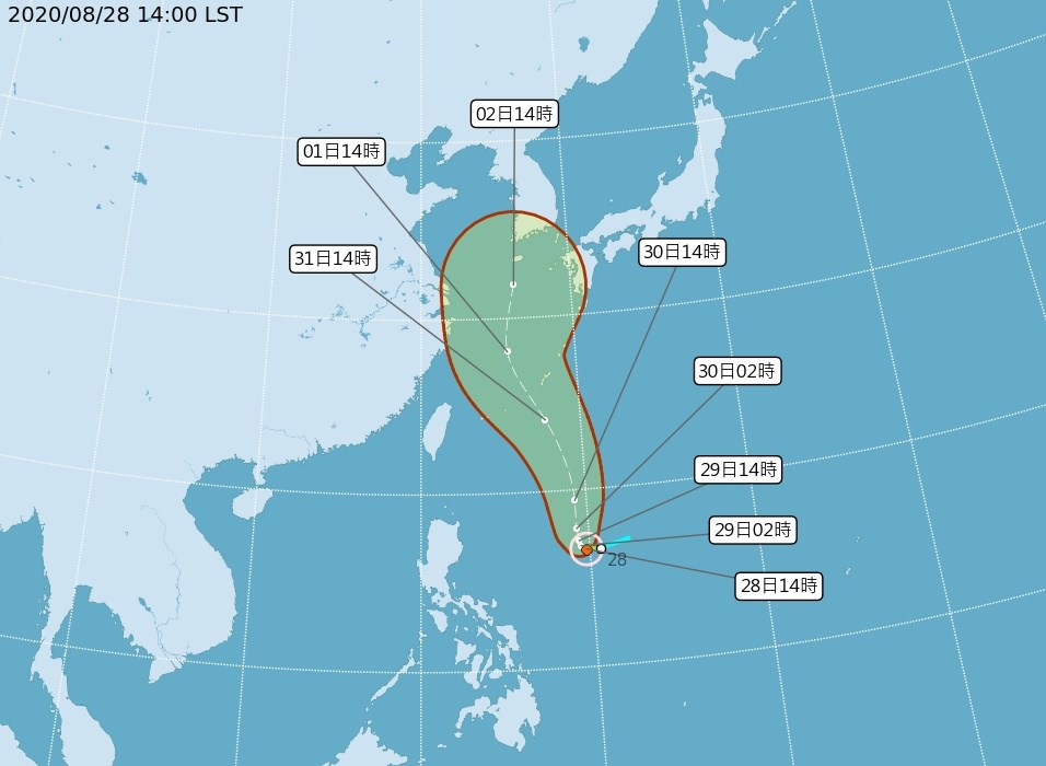 颱風梅莎28日下午生成,中央氣象局預測向琉球南方海面移動。(圖取自氣象局網頁www.cwb.gov.tw)