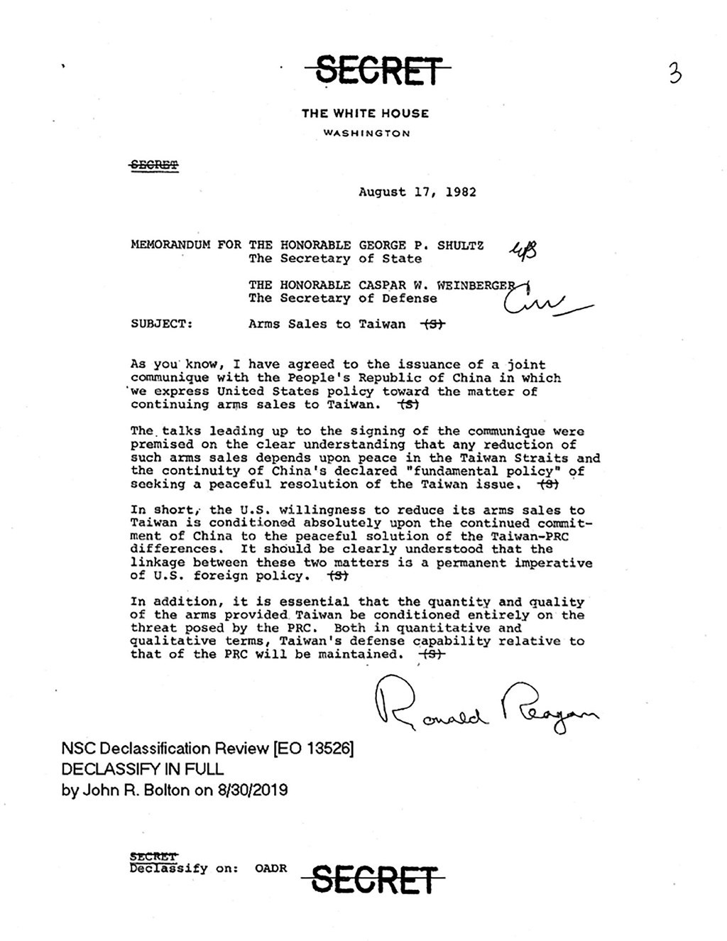 日前解密的一項白宮內部文件披露美方持續對台軍售的關鍵。1982年8月17日,八一七公報簽署的當天,時任美國總統雷根發給當時的美國國務卿舒茲、國防部長溫伯格一份備忘錄,內容指出,美國同意減少對台軍售的意願,全然以中國持續其和平解決台灣與中華人民共和國分歧的承諾為先決條件。(圖取自AIT網頁ait.org.tw)
