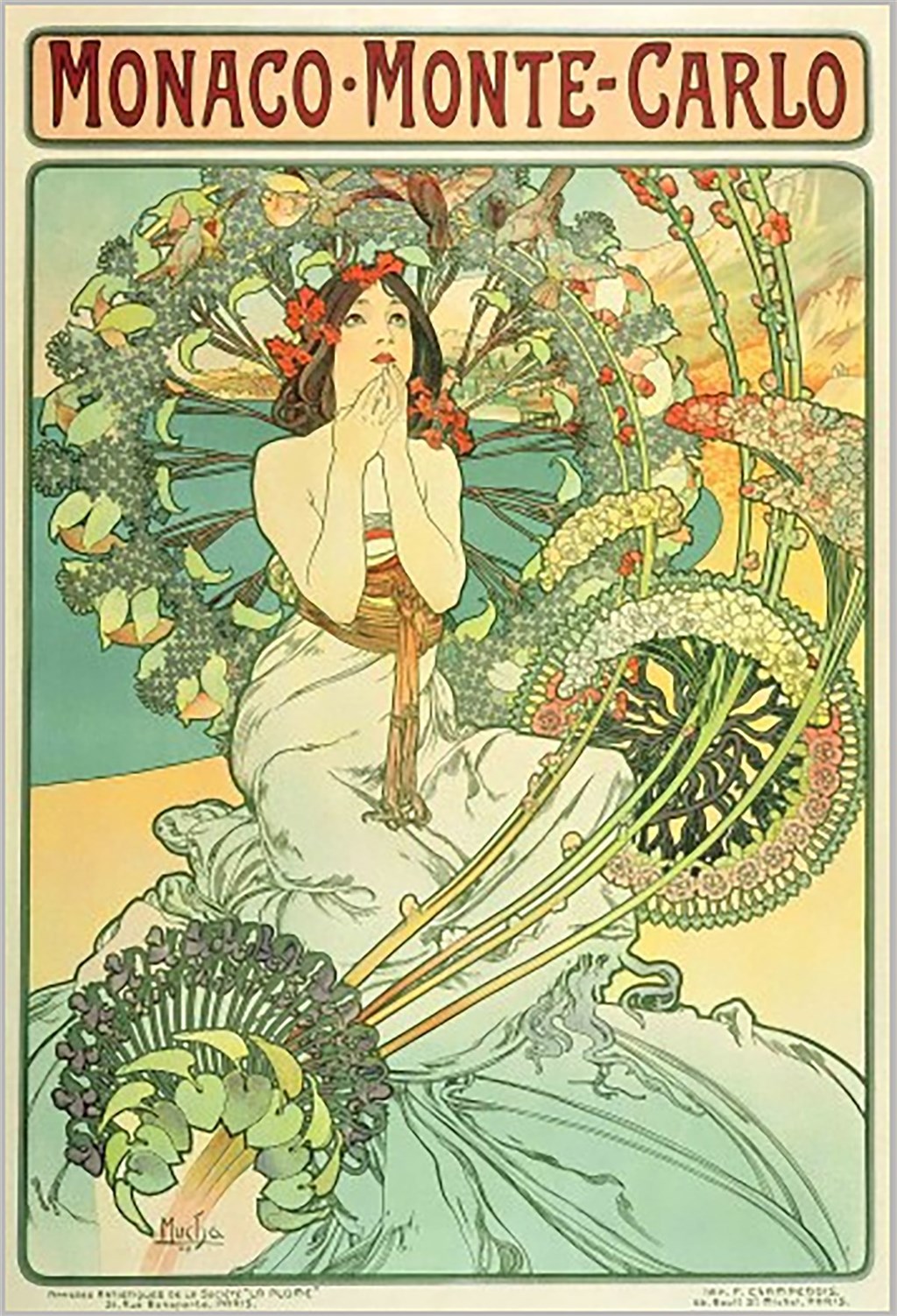 捷克藝術家阿豐斯.慕夏(Alfons Maria Mucha)的海報作品以端莊優雅的女性人物形象和唯美線條聞名,形成獨特風格,其作品「摩納哥蒙地卡羅」將於民國110年6月來台展出。(慕夏基金會提供)中央社記者鄭景雯傳真 109年9月1日