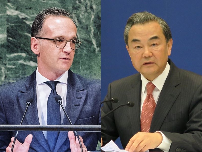 中國外長王毅(右)9月1日訪問柏林,德國外長馬斯(左)與他會談時將關注香港和人權等議題。(左圖取自facebook.com/heiko.maas.98、右圖中央社檔案照片)