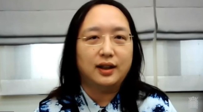行政院數位政務委員唐鳳以視訊出席英國上議院聽證會指出,台灣政府以快速、公平與趣味方式因應疫情挑戰。(圖取自英國議會網頁parliamentlive.tv)