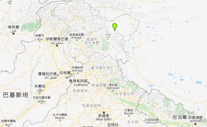 中印部隊6月15日晚間在加萬谷(綠標處)爆發45年來最嚴重的死傷衝突。(圖取自Google地圖網頁google.com.tw/maps)
