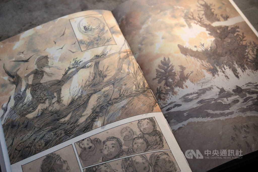 漫畫家葉長青在繪製作品「蜉蝣之島」時,以他所擅長的日本動畫美術鉛筆技法作畫,搭配淡墨水彩以及油畫刮畫技巧,表現角色生命力。(慢工出版提供)中央社 109年9月11日