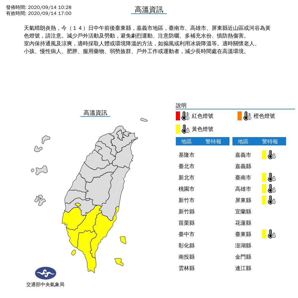 中央氣象局14日指出,天氣晴朗炎熱,針對高雄等5縣市發布高溫黃色燈號,氣溫有達攝氏36度以上機率。(圖取自中央氣象局網頁cwb.gov.tw)