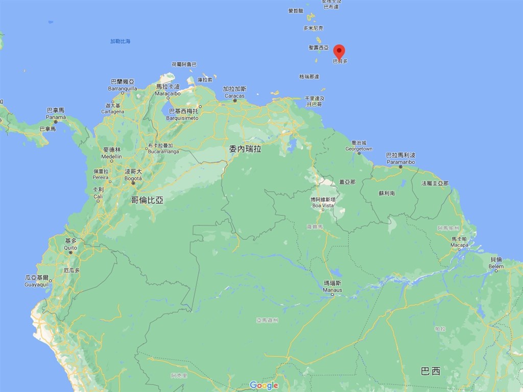 加勒比海島國巴貝多16日宣布準備取消英國女王伊麗莎白二世的國家元首地位,正式成為共和國。(圖取自Google地圖網頁google.com/maps)
