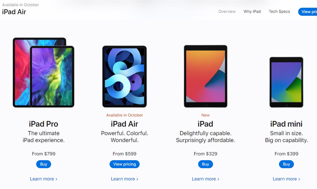 蘋果15日發表了兩款新iPad,分別為第八代iPad(右2)和iPad Air(左2)。(圖取自蘋果網頁apple.com)