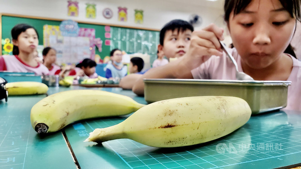 高雄市教育局鼓勵學校採用當地、當季食材,近來由於香蕉盛產、產地價跌,教育局也積極鼓勵學校在午餐菜單開立時,多選用高雄香蕉作為午餐供應水果。中央社記者董俊志攝 109年9月17日
