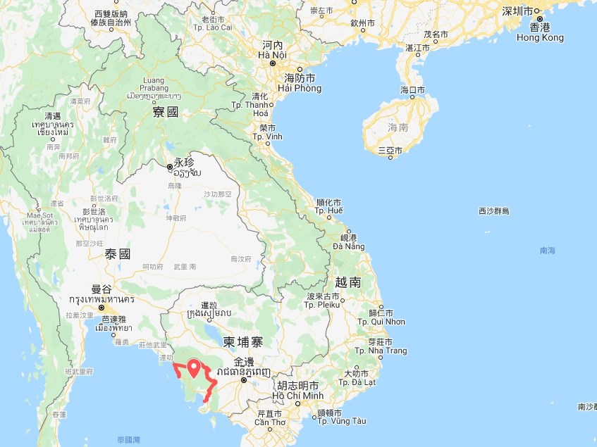 優聯集團在柬埔寨戈公省(紅標處)開發的大型計畫耗資38億美元,該公司與柬埔寨政府簽訂了租用3.6萬公頃土地的協議,租期99年。(圖取自Google地圖google.com.tw/maps)
