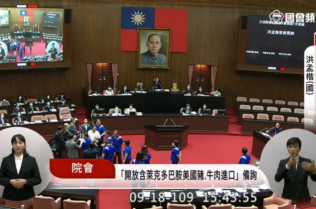 洪孟楷18日質詢時端出豬肉要求蘇貞昌試吃,引發議場混亂。(圖取自國會頻道YouTube頻道網頁youtube.com)
