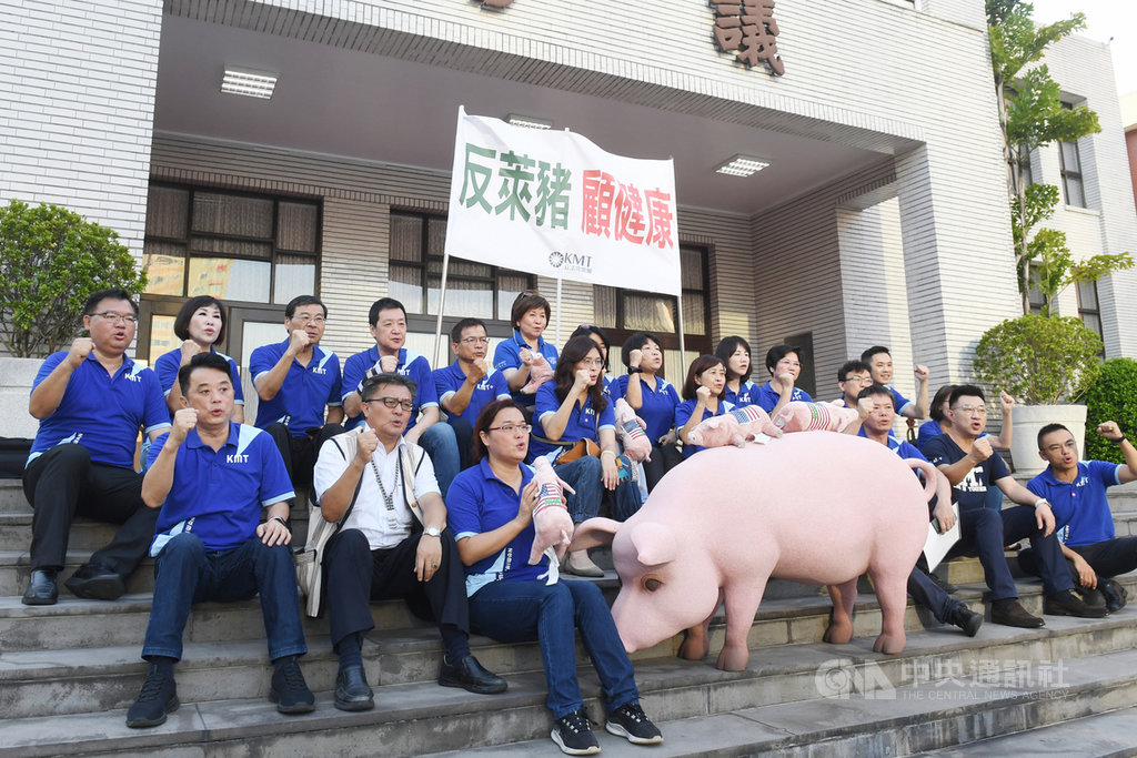 國民黨立委洪孟楷(前右起)、黨主席江啟臣、立法院黨團總召林為洲等,18日一早就守候在立法院議場門口,帶著一隻道具豬,持「反萊豬 顧健康」標語,呼口號為美豬議事攻防加油打氣。中央社記者施宗暉攝 109年9月18日