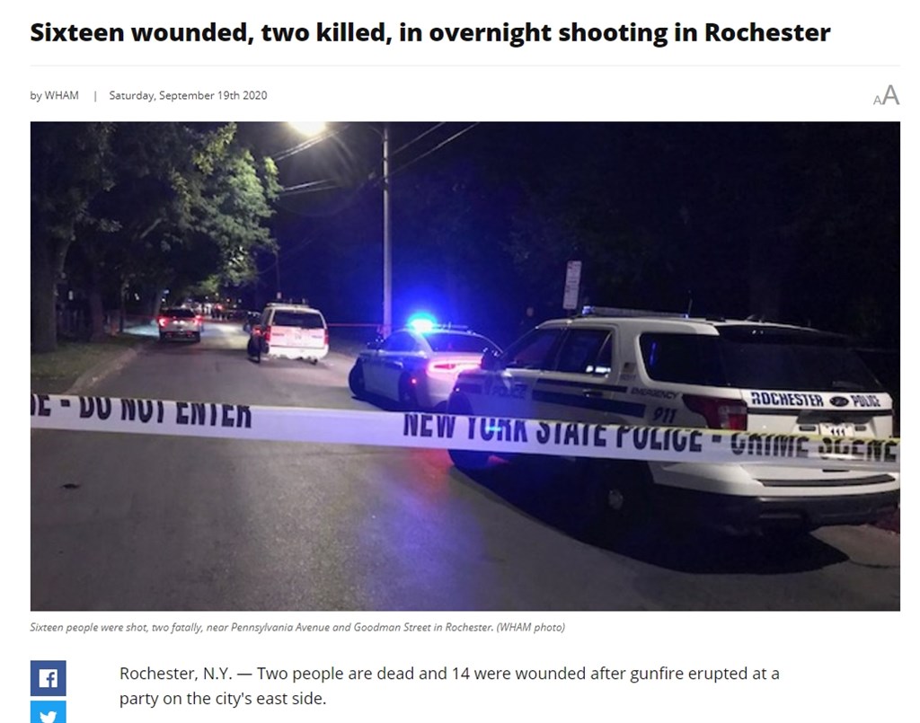 美國警方表示,紐約州羅徹斯特市(Rochester)一場後院派對19日凌晨爆發槍擊,導致2人死亡、14人受傷。(圖取自WHAM-TV網頁13wham.com)